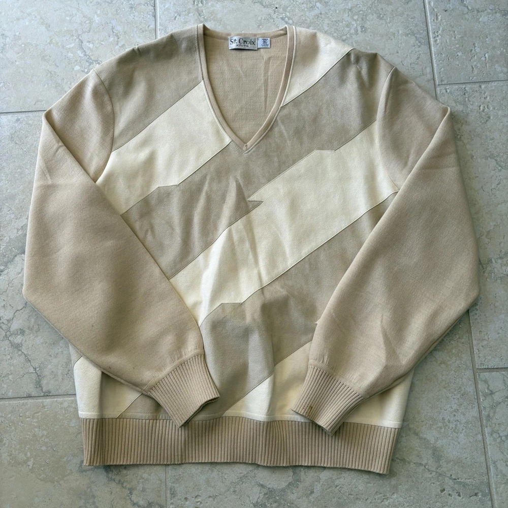 Vintage St. Croix Knits Wool & Ultrasuede V-neck Pullover Sweater Tan XL Spots